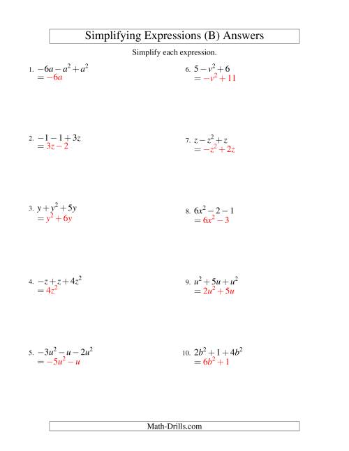 The Simplifying Algebraic Expressions with One Variable and Three Terms (Addition and Subtraction) (B) Math Worksheet Page 2