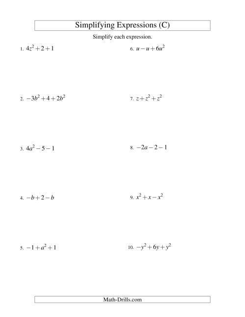 The Simplifying Algebraic Expressions with One Variable and Three Terms (Addition and Subtraction) (C) Math Worksheet