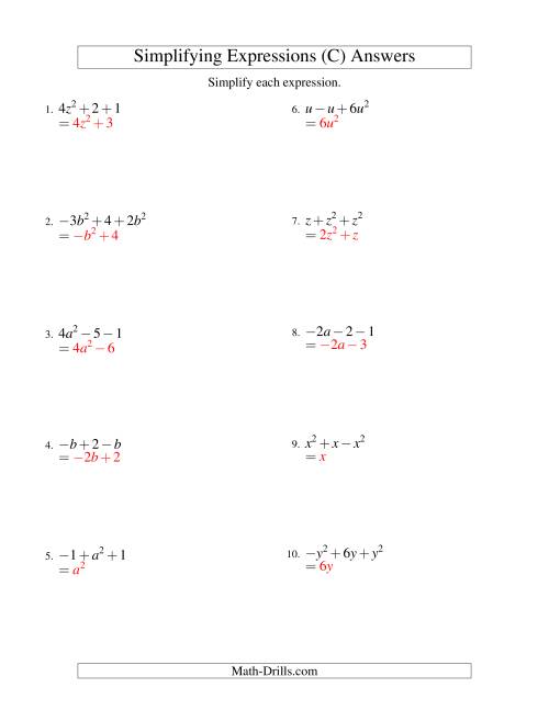 The Simplifying Algebraic Expressions with One Variable and Three Terms (Addition and Subtraction) (C) Math Worksheet Page 2