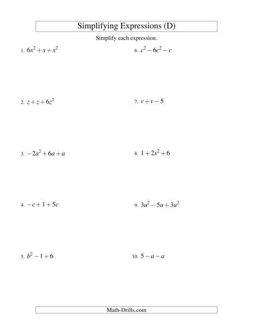 The Simplifying Algebraic Expressions with One Variable and Three Terms (Addition and Subtraction) (D) Math Worksheet