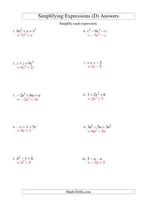 The Simplifying Algebraic Expressions with One Variable and Three Terms (Addition and Subtraction) (D) Math Worksheet Page 2