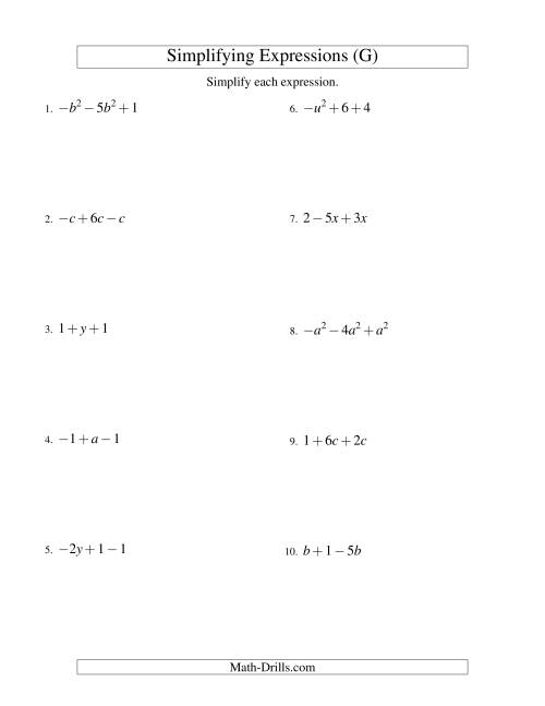 The Simplifying Algebraic Expressions with One Variable and Three Terms (Addition and Subtraction) (G) Math Worksheet