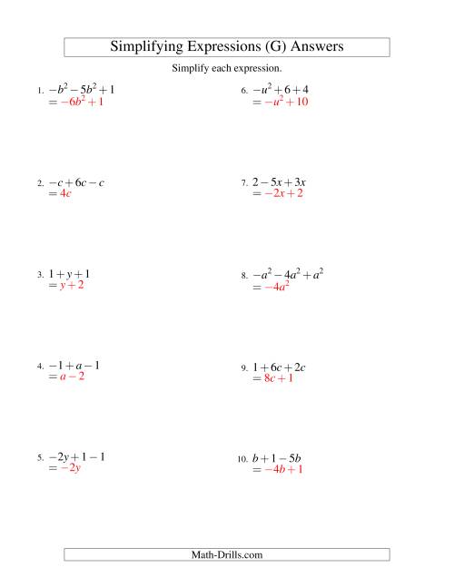 The Simplifying Algebraic Expressions with One Variable and Three Terms (Addition and Subtraction) (G) Math Worksheet Page 2