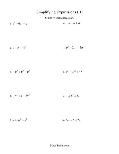 The Simplifying Algebraic Expressions with One Variable and Three Terms (Addition and Subtraction) (H) Math Worksheet