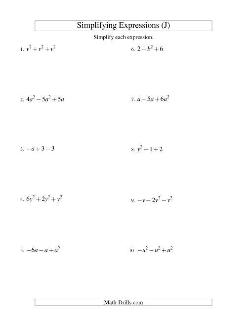 The Simplifying Algebraic Expressions with One Variable and Three Terms (Addition and Subtraction) (J) Math Worksheet