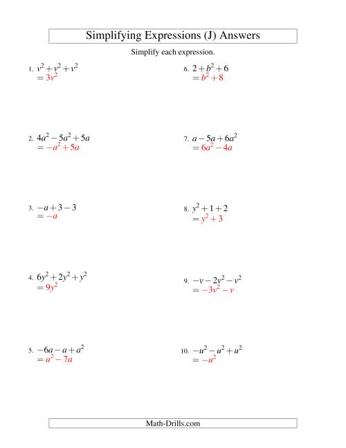 The Simplifying Algebraic Expressions with One Variable and Three Terms (Addition and Subtraction) (J) Math Worksheet Page 2