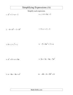 Algebraic  Expressions Four algebra Terms Variable variable  Simplifying with worksheet one and  One
