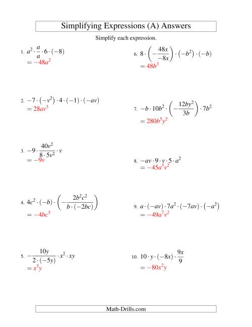 The Simplifying Algebraic Expressions with Two Variables and Five Terms (Multiplication and Division) (A) Math Worksheet Page 2