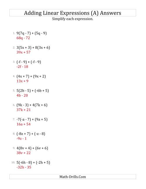 The Adding and Simplifying Linear Expressions with Some Multipliers (A) Math Worksheet Page 2