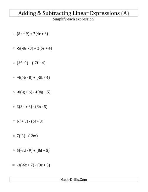 The Adding and Subtracting and Simplifying Linear Expressions with Some Multipliers (A) Math Worksheet