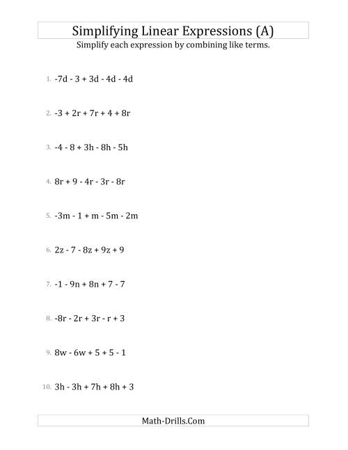 The Simplifying Linear Expressions with 5 Terms (A) Math Worksheet