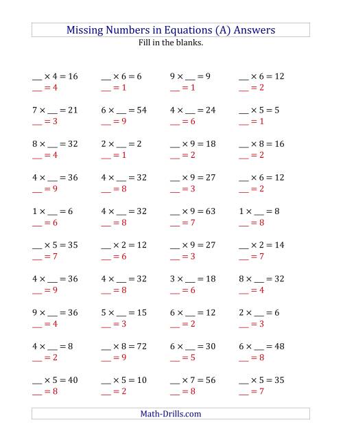 The Missing Numbers in Equations (Blanks) -- Multiplication (Range 1 to 9) (A) Math Worksheet Page 2