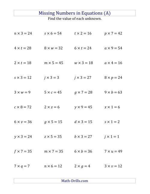 The Missing Numbers in Equations (Variables) -- Multiplication (Range 1 to 9) (A) Math Worksheet