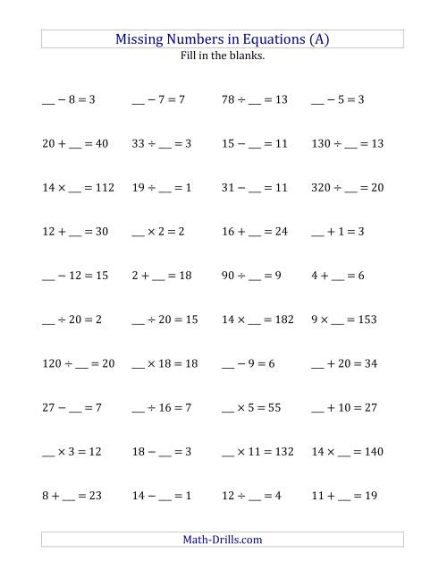 The Missing Numbers in Equations (Blanks) -- All Operations (Range 1 to 20) (A) Math Worksheet