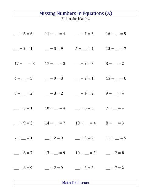 The Missing Numbers in Equations (Blanks) -- Subtraction (Range 1 to 9) (A) Math Worksheet