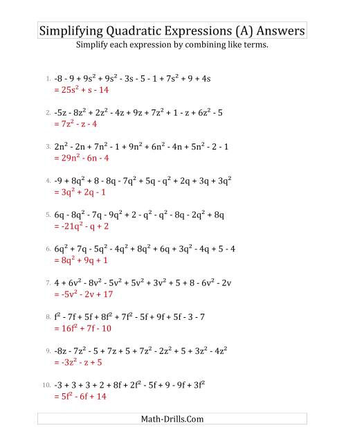 The Simplifying Quadratic Expressions with 10 Terms (A) Math Worksheet Page 2