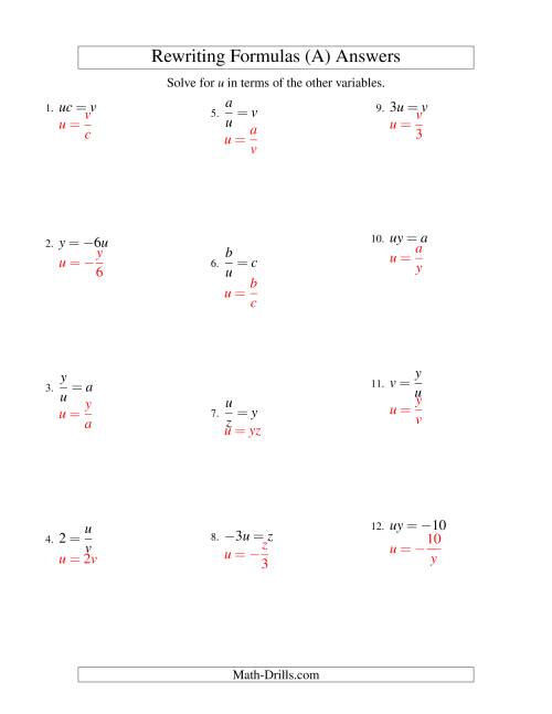 The Rewriting Formulas -- One-Step -- Multiplication and Division (A) Math Worksheet Page 2