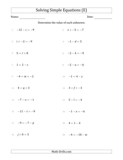 The Solving Simple Linear Equations with Unknown Values Between -9 and 9 and Variables on the Left or Right Side (E) Math Worksheet
