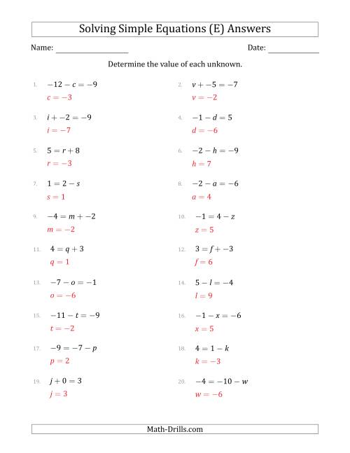 The Solving Simple Linear Equations with Unknown Values Between -9 and 9 and Variables on the Left or Right Side (E) Math Worksheet Page 2