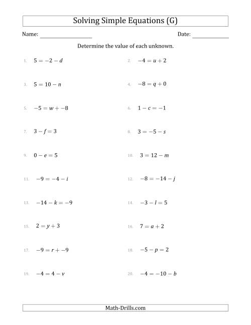 The Solving Simple Linear Equations with Unknown Values Between -9 and 9 and Variables on the Left or Right Side (G) Math Worksheet