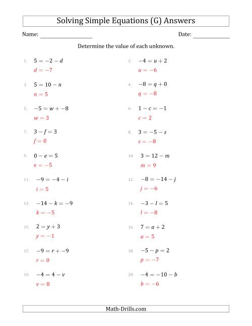 The Solving Simple Linear Equations with Unknown Values Between -9 and 9 and Variables on the Left or Right Side (G) Math Worksheet Page 2