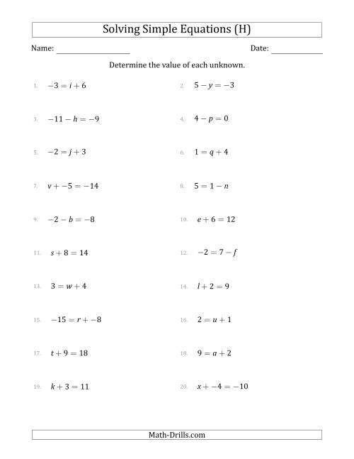 The Solving Simple Linear Equations with Unknown Values Between -9 and 9 and Variables on the Left or Right Side (H) Math Worksheet