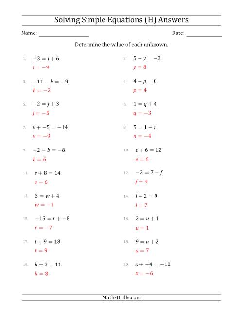 The Solving Simple Linear Equations with Unknown Values Between -9 and 9 and Variables on the Left or Right Side (H) Math Worksheet Page 2