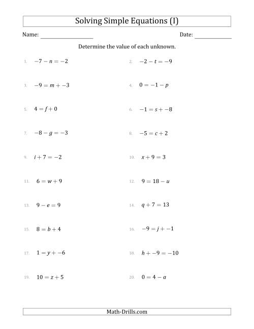 The Solving Simple Linear Equations with Unknown Values Between -9 and 9 and Variables on the Left or Right Side (I) Math Worksheet