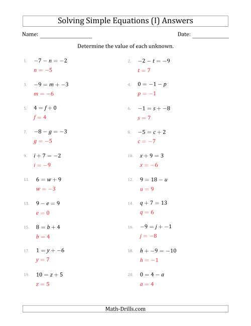 The Solving Simple Linear Equations with Unknown Values Between -9 and 9 and Variables on the Left or Right Side (I) Math Worksheet Page 2