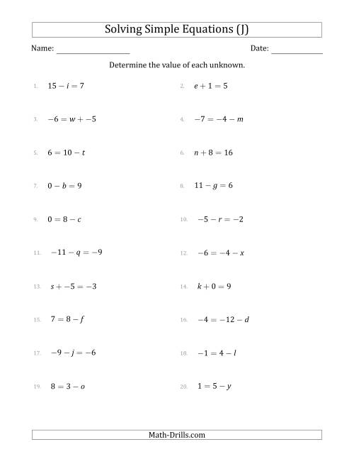 The Solving Simple Linear Equations with Unknown Values Between -9 and 9 and Variables on the Left or Right Side (J) Math Worksheet
