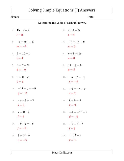 The Solving Simple Linear Equations with Unknown Values Between -9 and 9 and Variables on the Left or Right Side (J) Math Worksheet Page 2