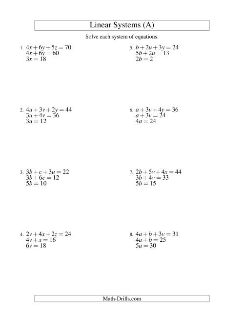 The Systems of Linear Equations -- Three Variables -- Easy (A) Math Worksheet