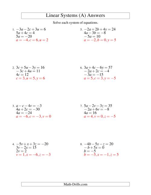 The Systems of Linear Equations -- Three Variables Including Negative Values -- Easy (A) Math Worksheet Page 2