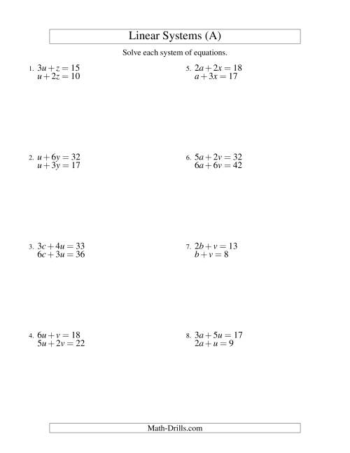 The Systems of Linear Equations -- Two Variables (A) Math Worksheet