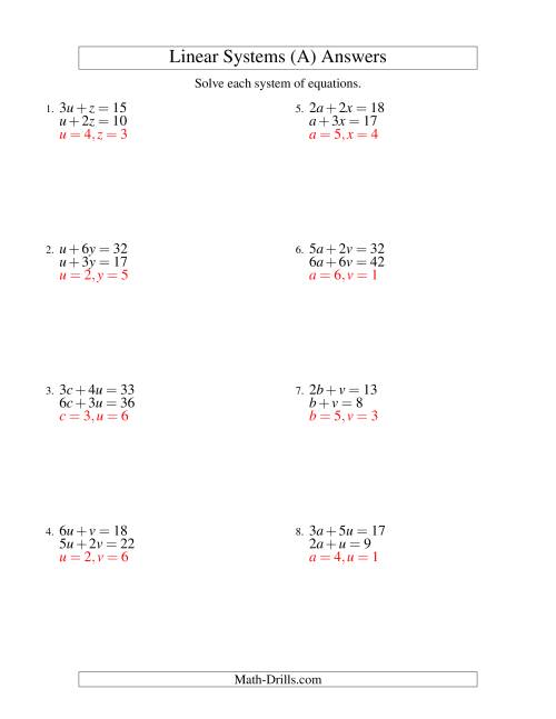 The Systems of Linear Equations -- Two Variables (A) Math Worksheet Page 2