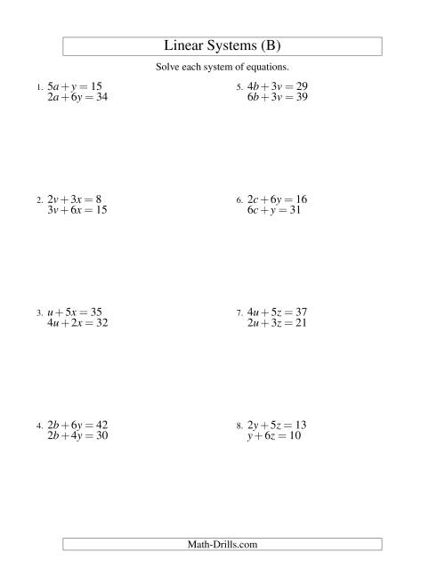 The Systems of Linear Equations -- Two Variables (B) Math Worksheet