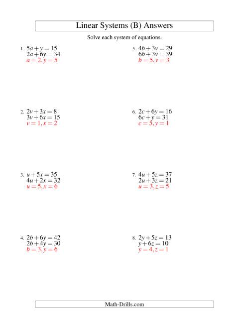 The Systems of Linear Equations -- Two Variables (B) Math Worksheet Page 2