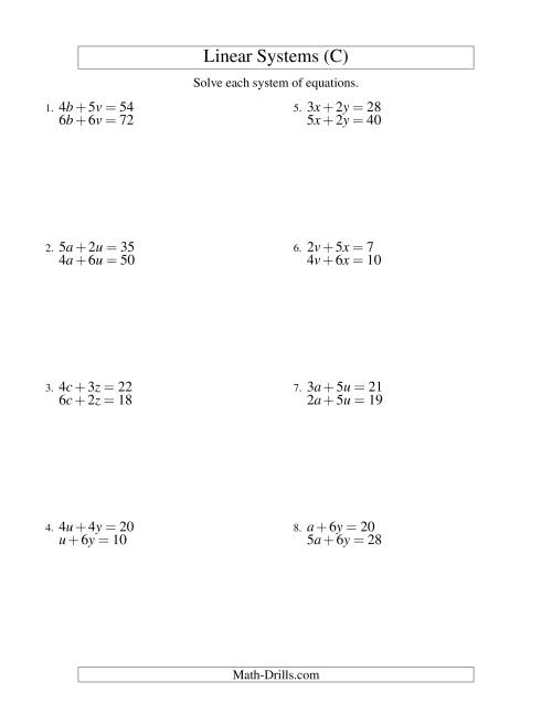 The Systems of Linear Equations -- Two Variables (C) Math Worksheet