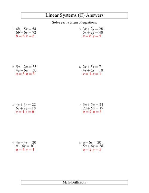 The Systems of Linear Equations -- Two Variables (C) Math Worksheet Page 2