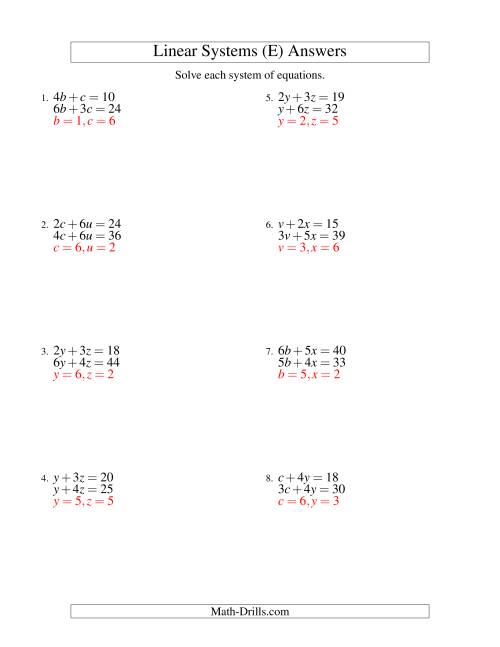 The Systems of Linear Equations -- Two Variables (E) Math Worksheet Page 2