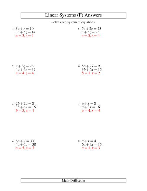 The Systems of Linear Equations -- Two Variables (F) Math Worksheet Page 2