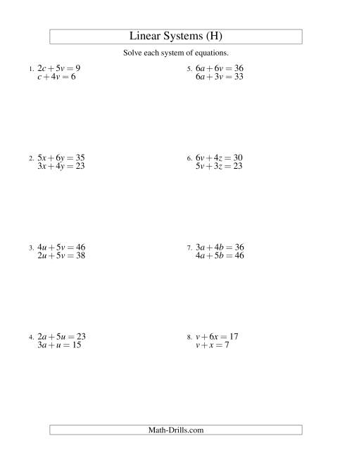 The Systems of Linear Equations -- Two Variables (H) Math Worksheet