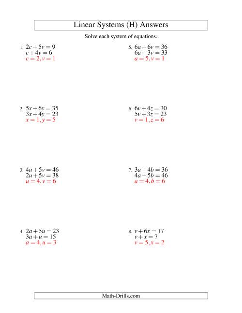 The Systems of Linear Equations -- Two Variables (H) Math Worksheet Page 2