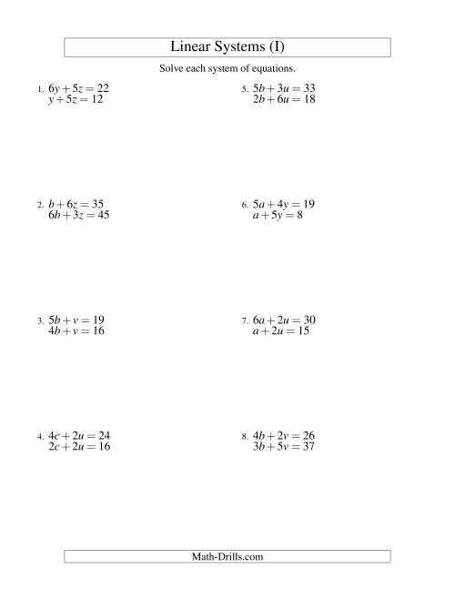 The Systems of Linear Equations -- Two Variables (I) Math Worksheet