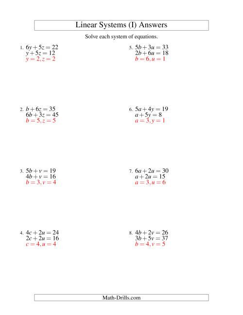 The Systems of Linear Equations -- Two Variables (I) Math Worksheet Page 2