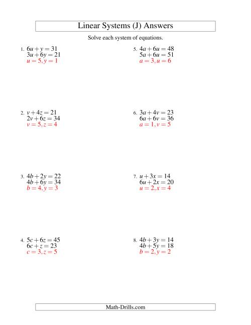 The Systems of Linear Equations -- Two Variables (J) Math Worksheet Page 2