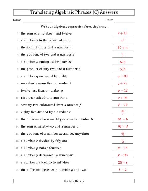The Translating Algebraic Phrases (Simple Version) (C) Math Worksheet Page 2
