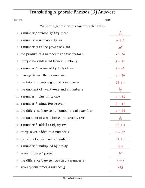 The Translating Algebraic Phrases (Simple Version) (D) Math Worksheet Page 2