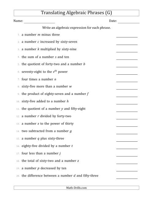 The Translating Algebraic Phrases (Simple Version) (G) Math Worksheet