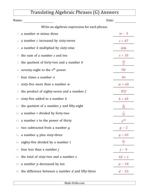 The Translating Algebraic Phrases (Simple Version) (G) Math Worksheet Page 2